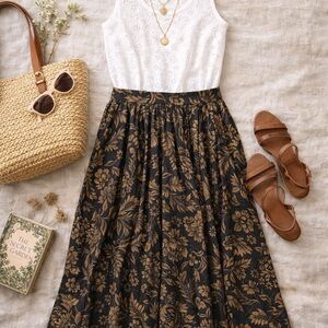 Vintage Style Black Gold Floral Maxi Skirt Size 14 Pocket